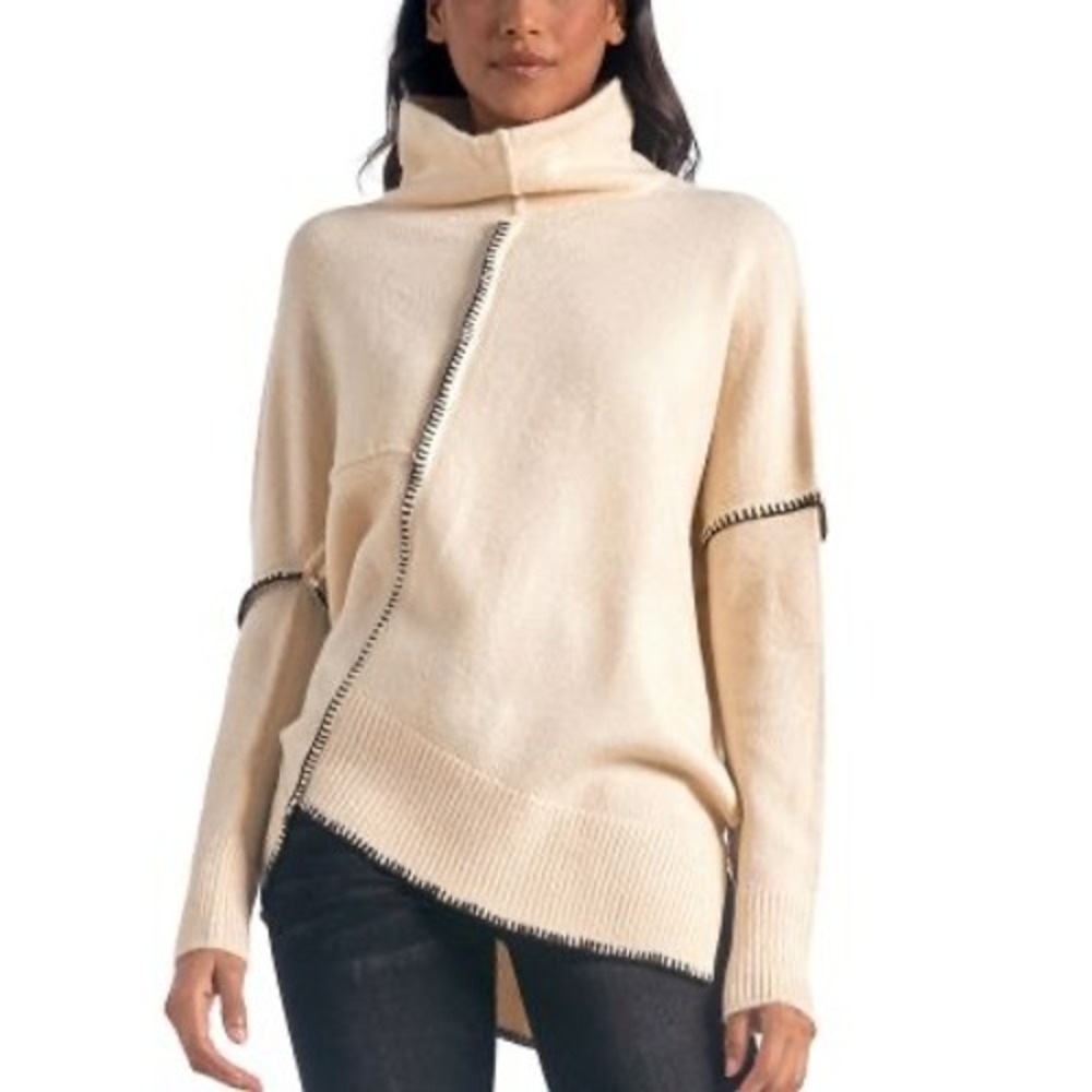 Elan Cream Turtleneck Sweater Black Blanket Stitch Asymmetrical Hem SWL10534 XS